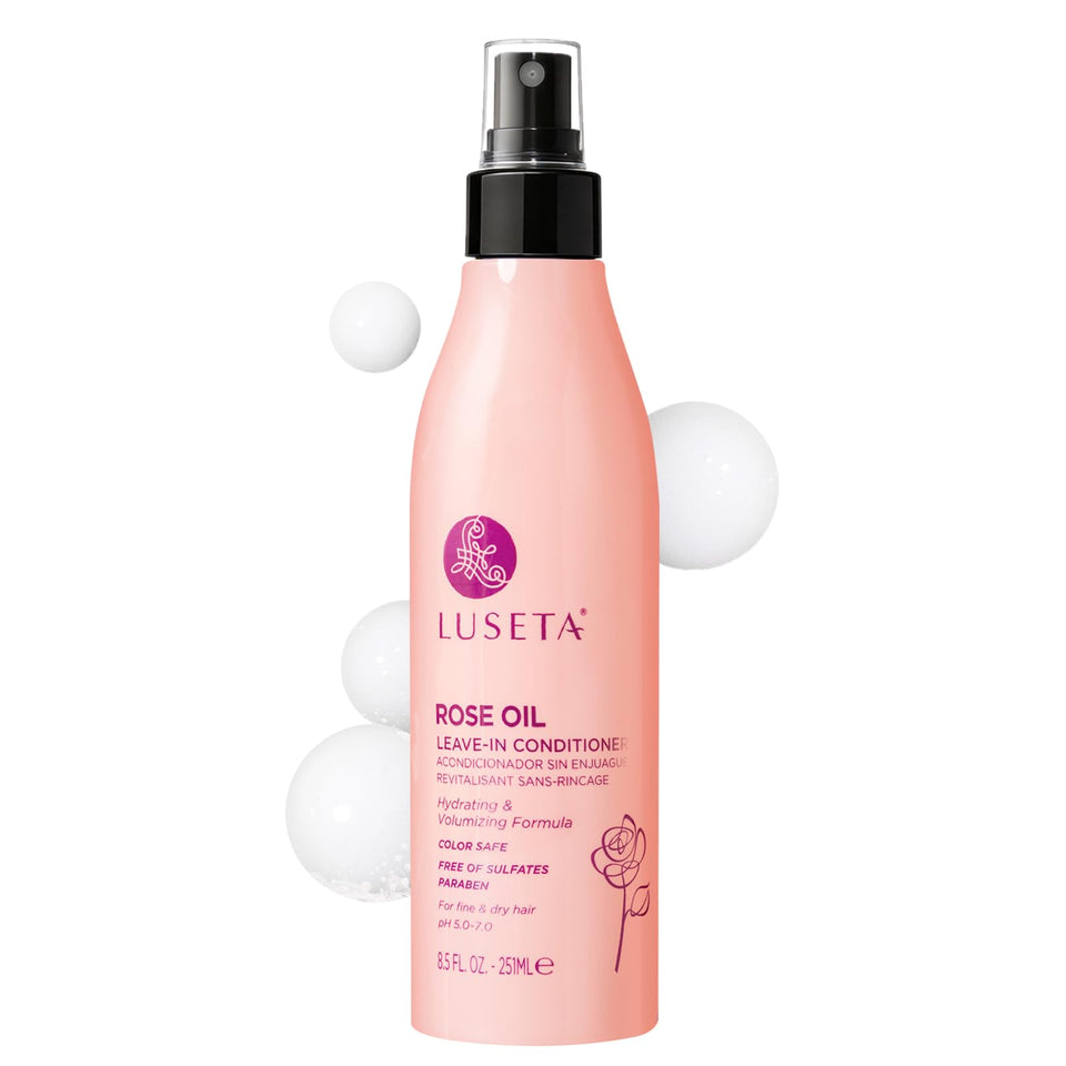 Luseta Rose Oil Leave-In Conditioner bottle delivering lightweight moisture and shine