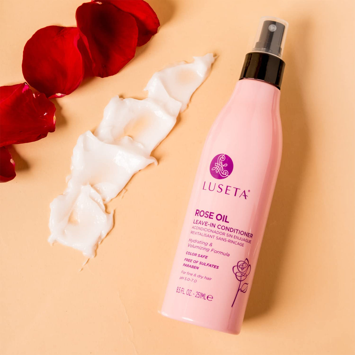 Luseta Rose Oil Leave-In Conditioner texture close-up on hair