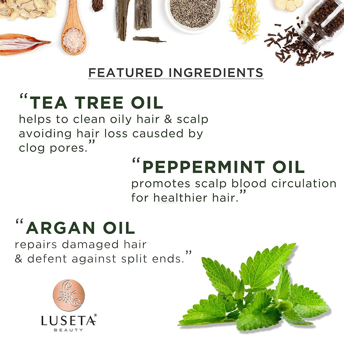 Luseta Tea Tree & Mint Shampoo application on hair with tingling sensation and clean strands.