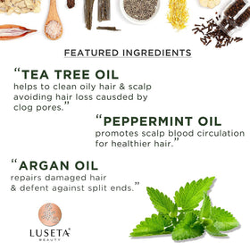 Luseta Tea Tree & Mint Shampoo application on hair with tingling sensation and clean strands.