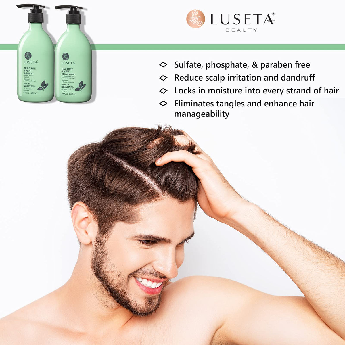Luseta Tea Tree & Mint Shampoo lather demonstrating gentle detangling and refreshing scalp feel.