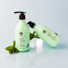 Luseta Tea Tree & Mint Shampoo packaging highlights gluten- and paraben-free formula.