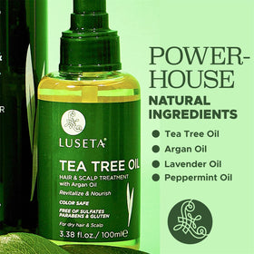 L Luseta Tea Tree Oil mid-to-ends application on towel-dried hair for nourishment.