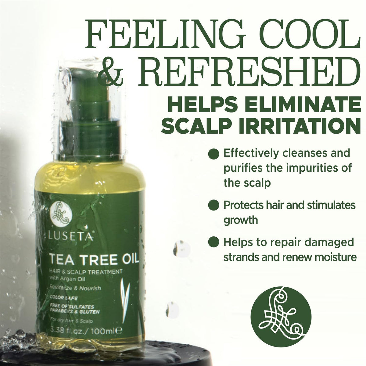 L Luseta Tea Tree Oil scalp massage scene showing soothing, refreshing treatment.