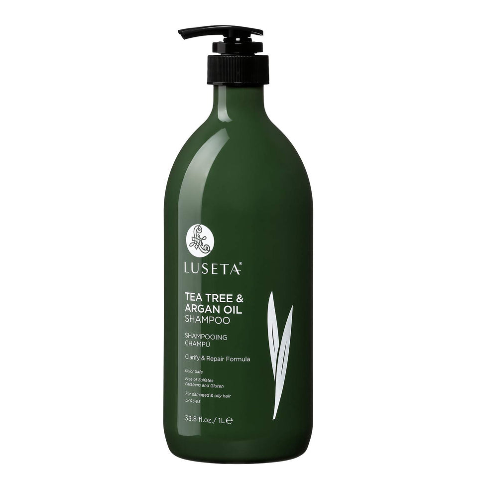 Luseta Tea Tree Shampoo bottle pour showing easy application and scalp refreshment