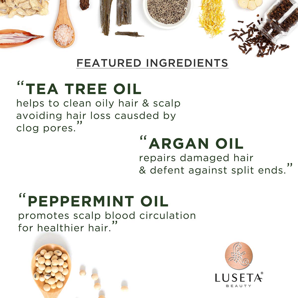 Luseta Tea Tree Shampoo scalp closeup highlights dandruff reduction and cooling sensation