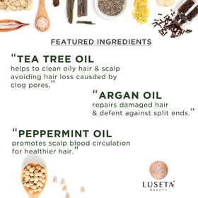 Luseta Tea Tree Shampoo scalp closeup highlights dandruff reduction and cooling sensation