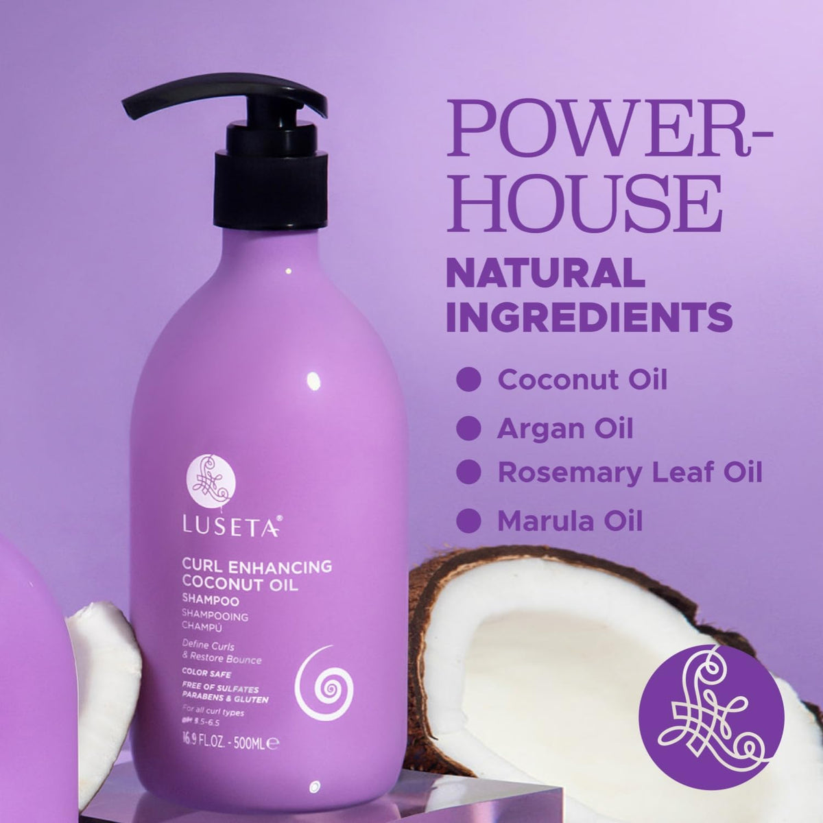 Luseta 16 oz bottle packaging highlights value and extended use for curls.