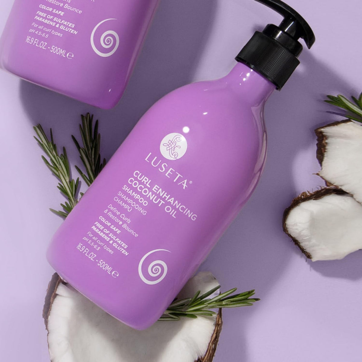 Luseta bottle on a bathroom shelf ready for daily curl routine.