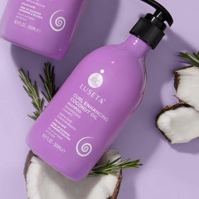 Luseta bottle on a bathroom shelf ready for daily curl routine.