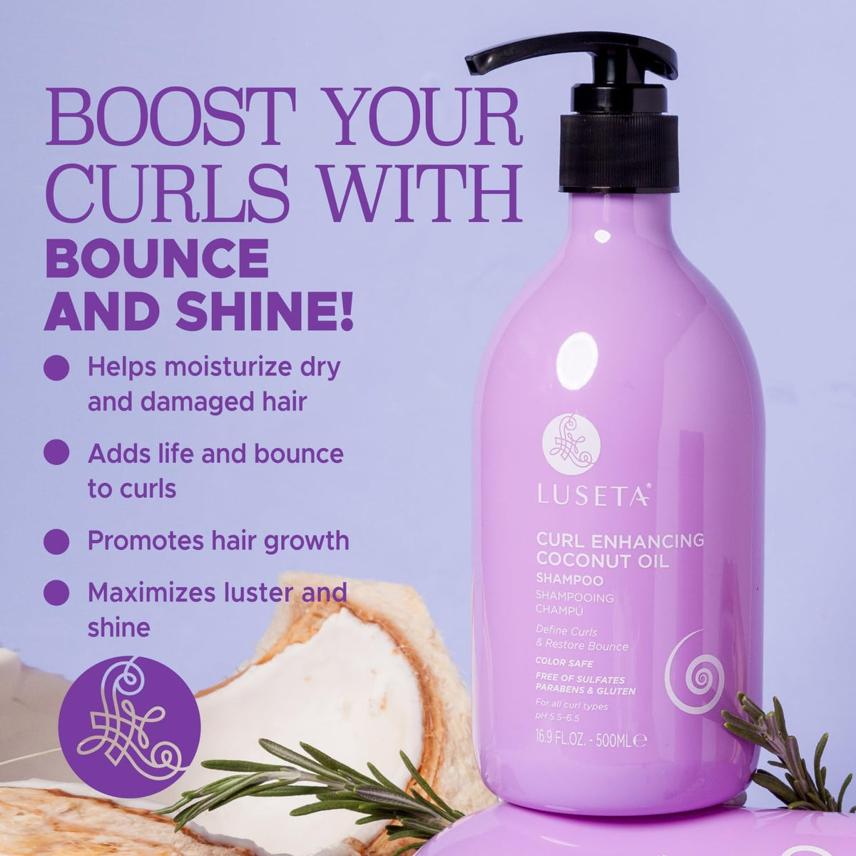 Close-up of Luseta Curl Enhancing Shampoo label highlighting gluten-free and sulfate-free features.