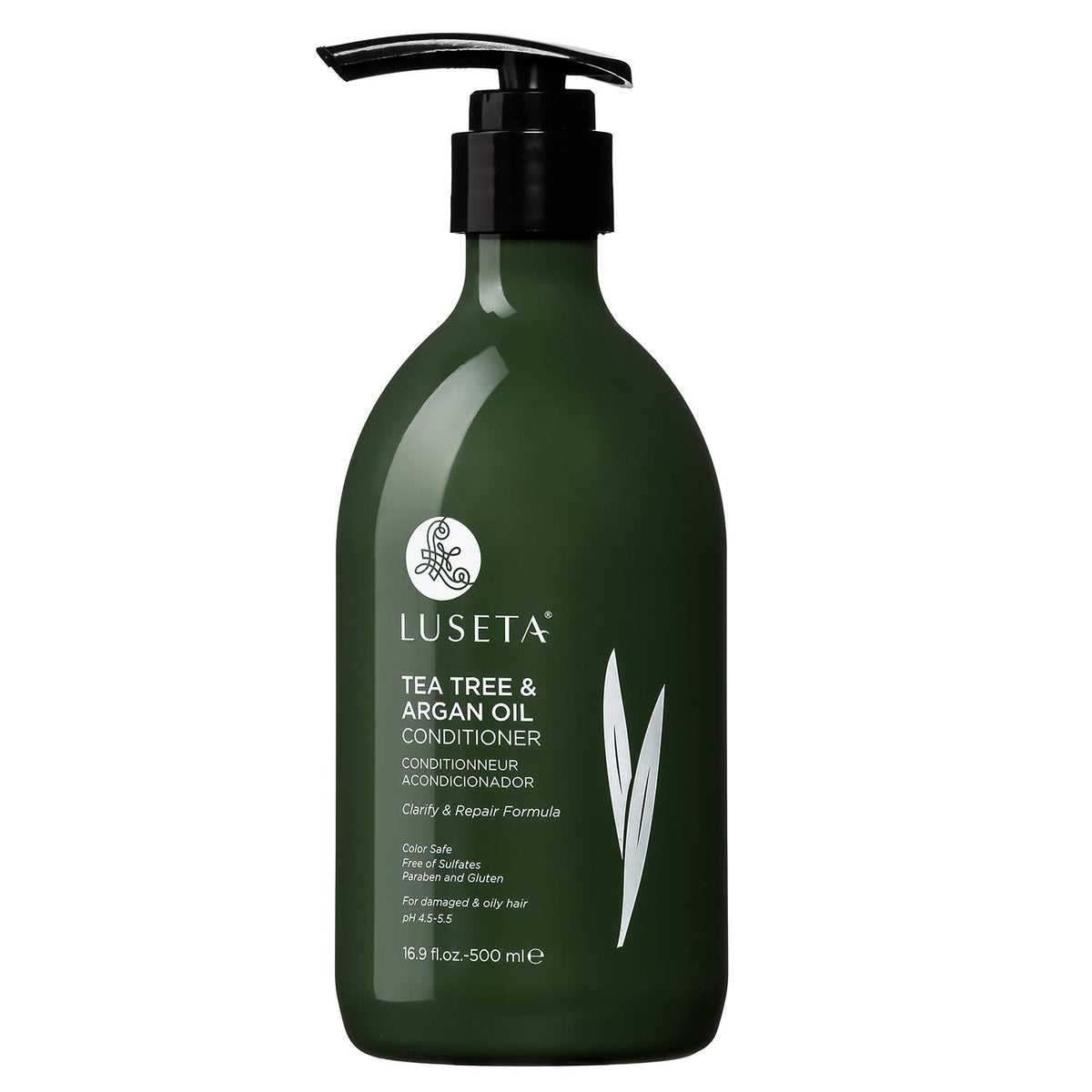Luseta Tea Tree Oil Conditioner bottle showing hydration and frizz control benefits