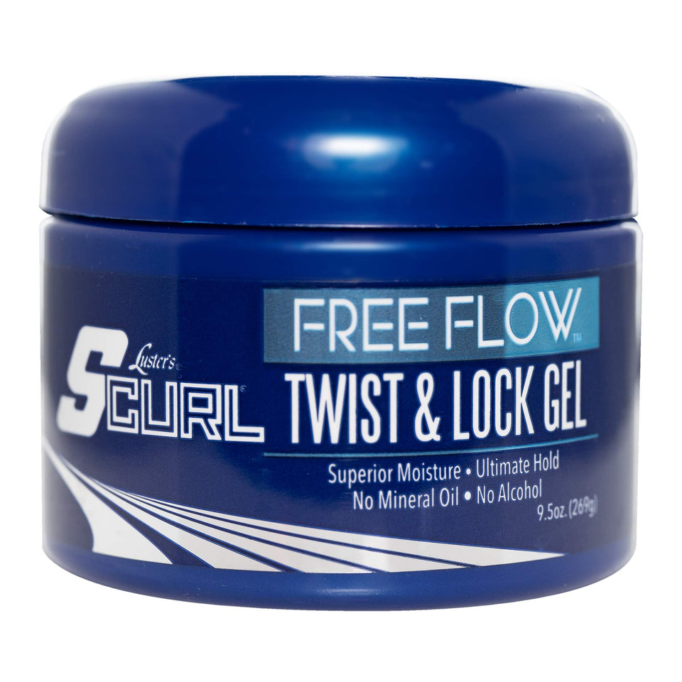 Luster's SCurl Free Flow Twist and Lock Gel hero image demonstrates lasting hold for defined twists