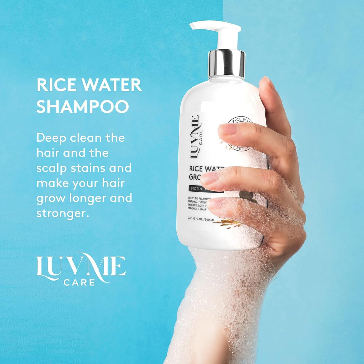 Luv Me Care Rice Water Shampoo label close-up highlighting biotin for strengthening