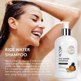 Luv Me Care Rice Water Shampoo packaging front with natural ingredients emphasis