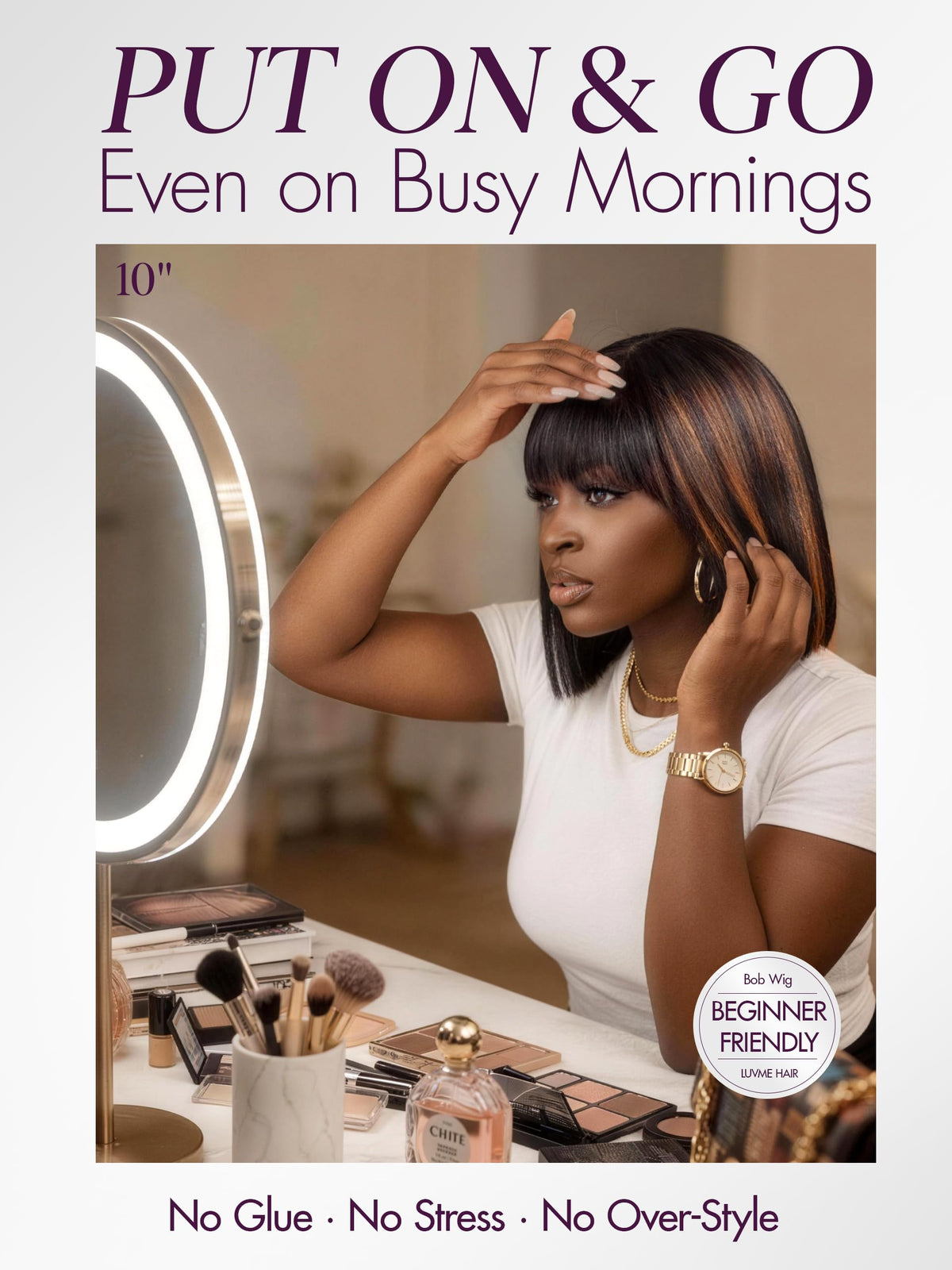 LUVME HAIR 10-inch yaki straight bob with brown highlights close-up for depth