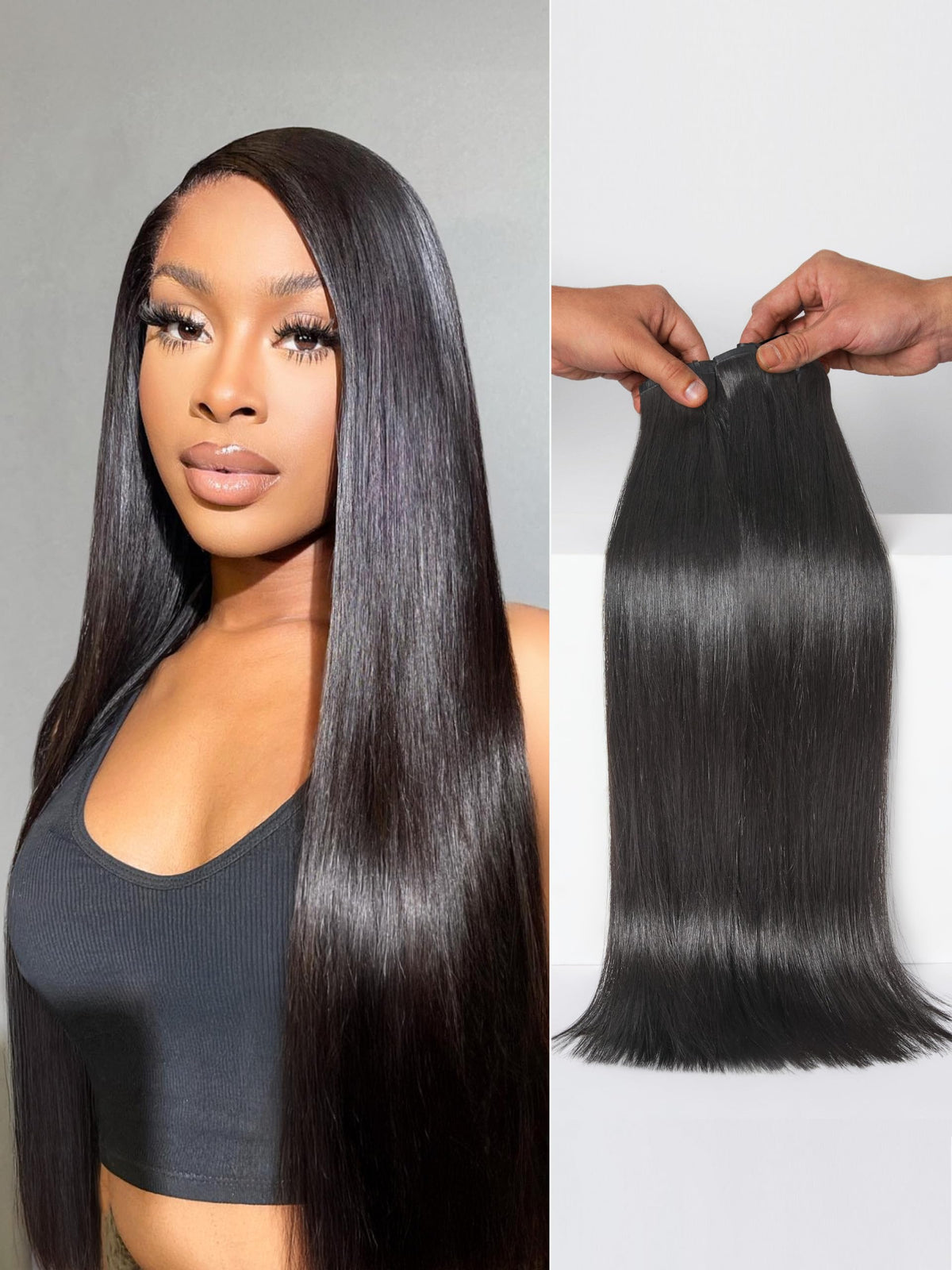LUVME Silky Straight clip-in extensions close-up showing natural fullness.