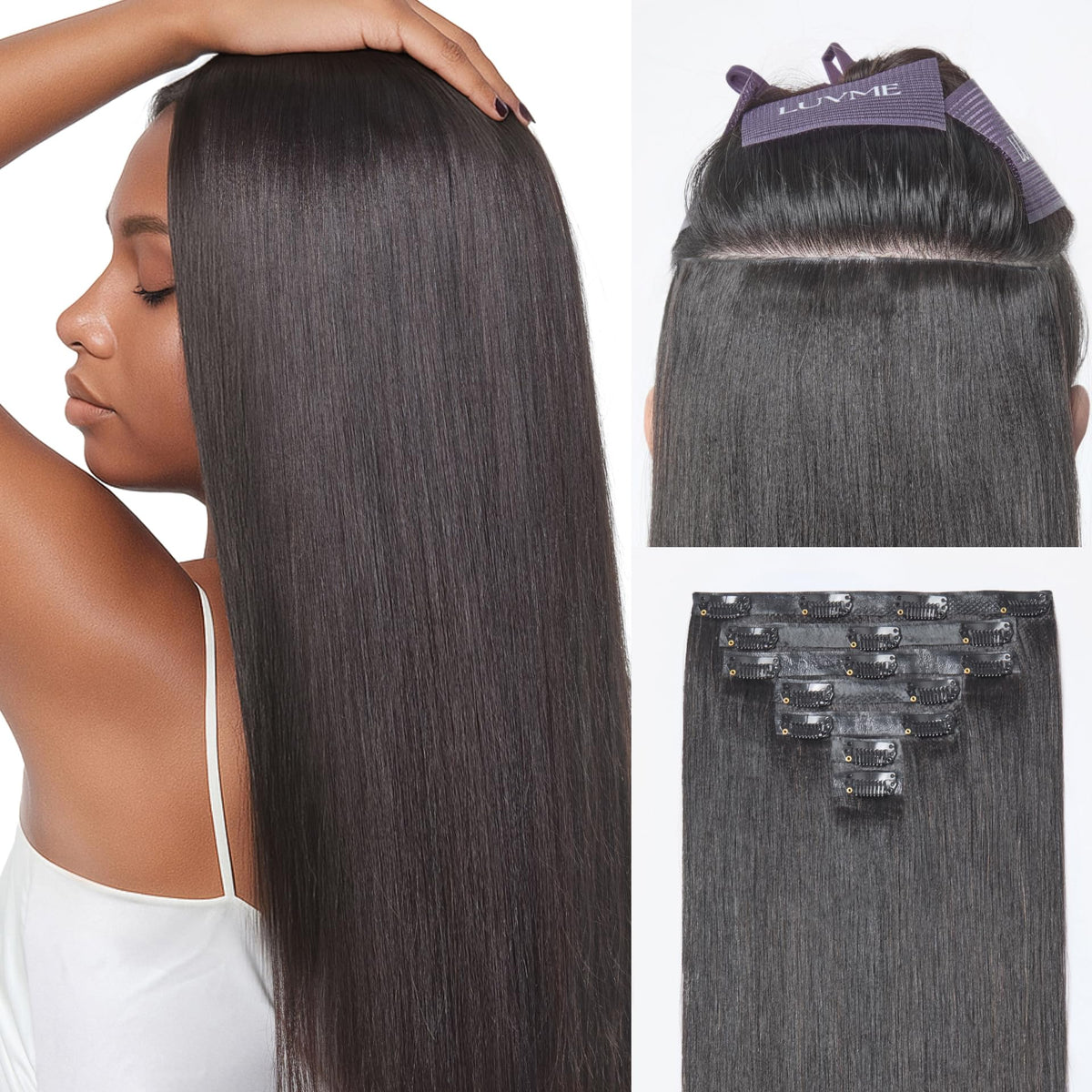 LUVME zero-trace clip-in weft for a seamless, lightweight volume.