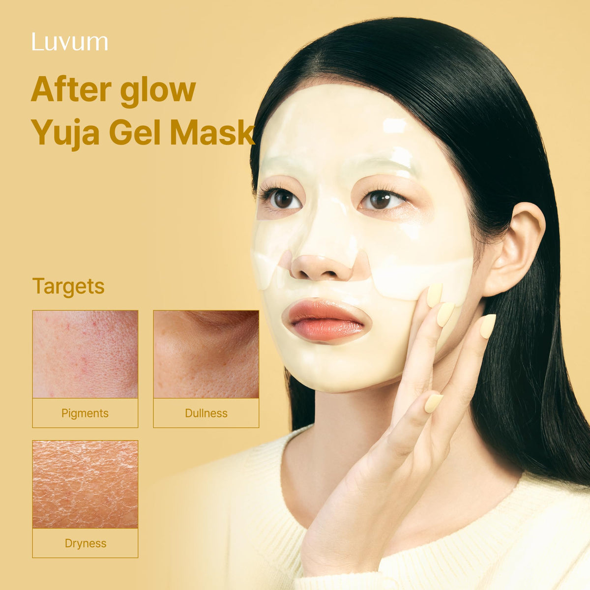 LUVUM Afterglow Yuja Gel Mask application on face shows the hydrogel texture in real use.