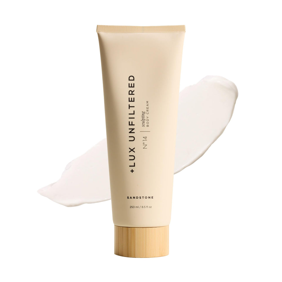 Lux Unfiltered N°14 Sculpting bottle front demonstrating a hydrating, firming cream for daily use.