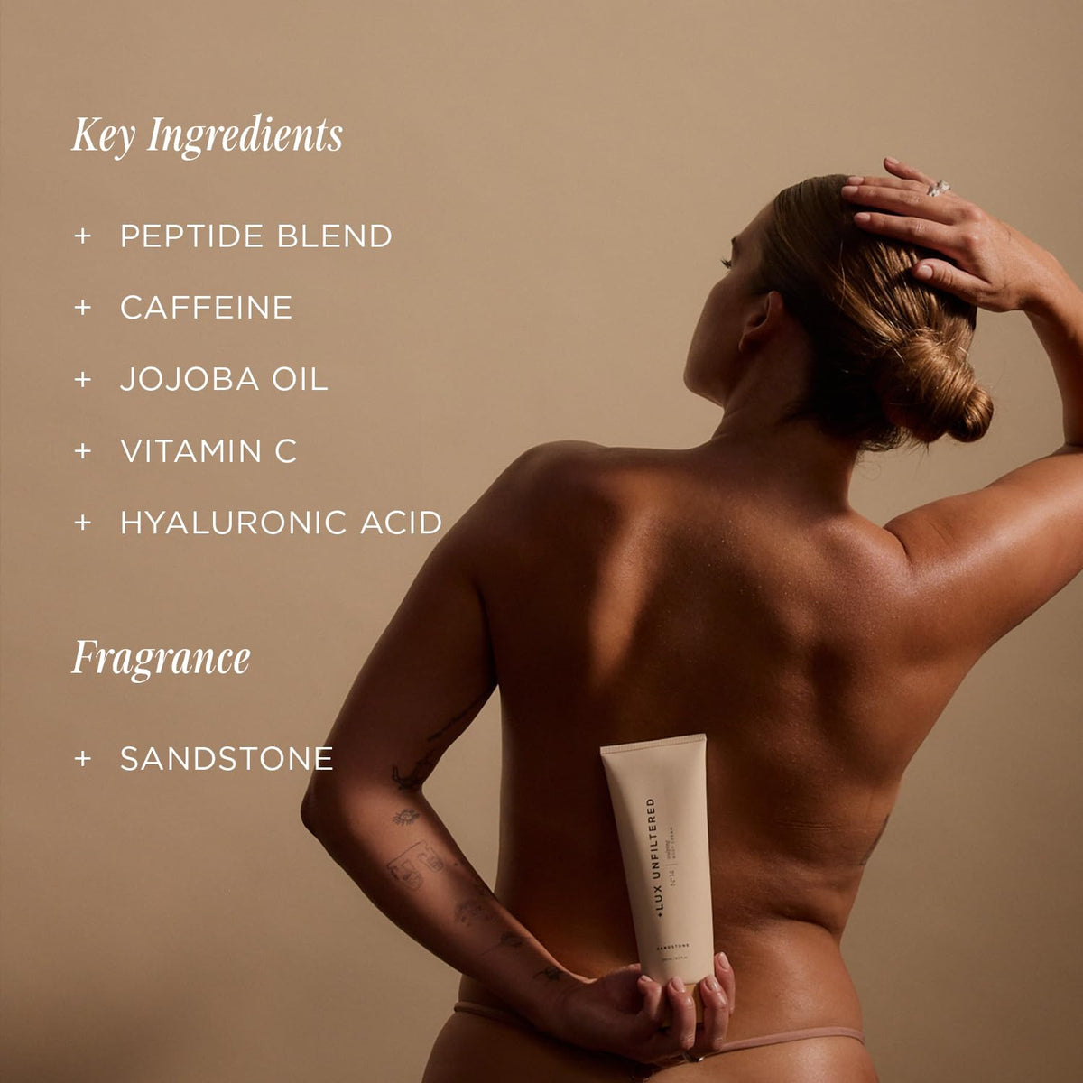 Lux Unfiltered N°14 Sculpting peptide blend ingredients highlight firming potential and skin resilience.