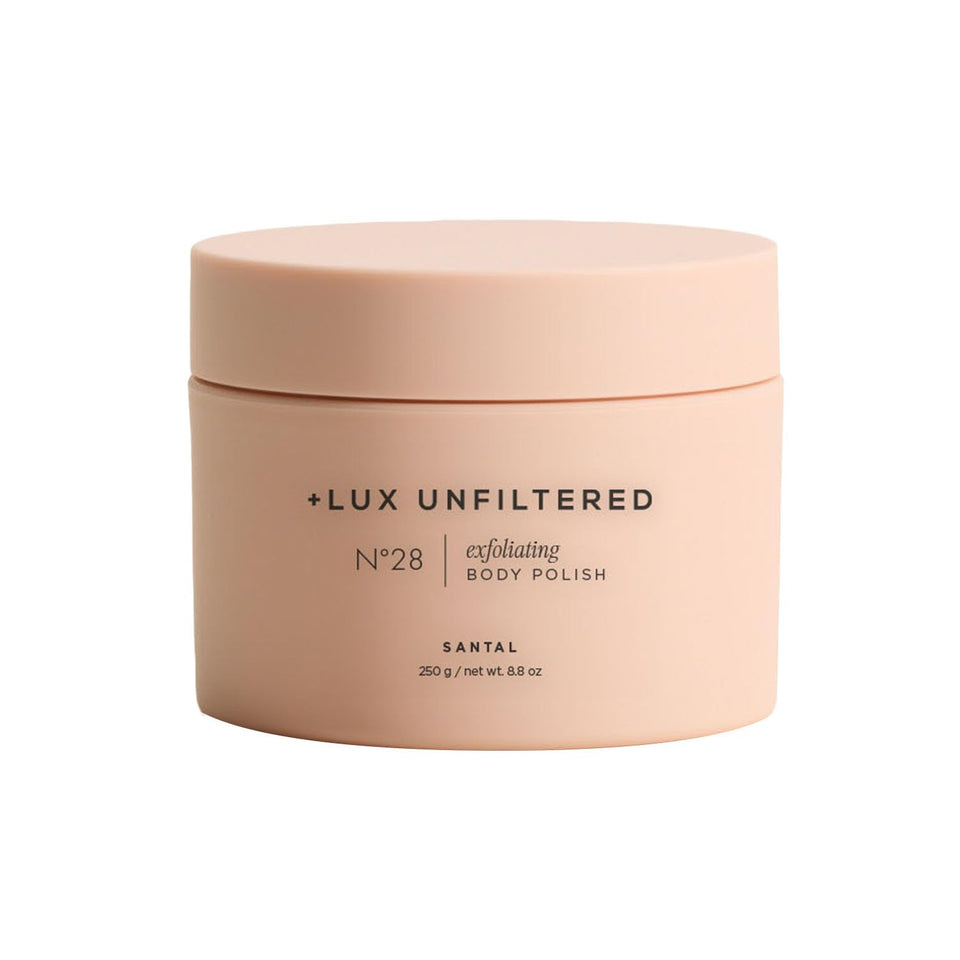 Lux Unfiltered N°28 exfoliating body polish bottle with Santal scent for radiant skin