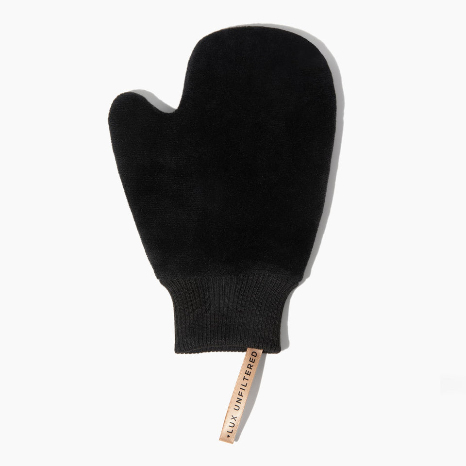Lux Unfiltered self tanning mitt microfiber glove for a smooth, streak-free application.