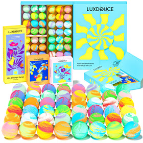 LUXDOUCE 48-pack bath bombs box with three gift-ready boxes for birthdays.