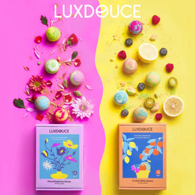 LUXDOUCE colorful bubbles in tub delivering playful relaxation and sensory delight.