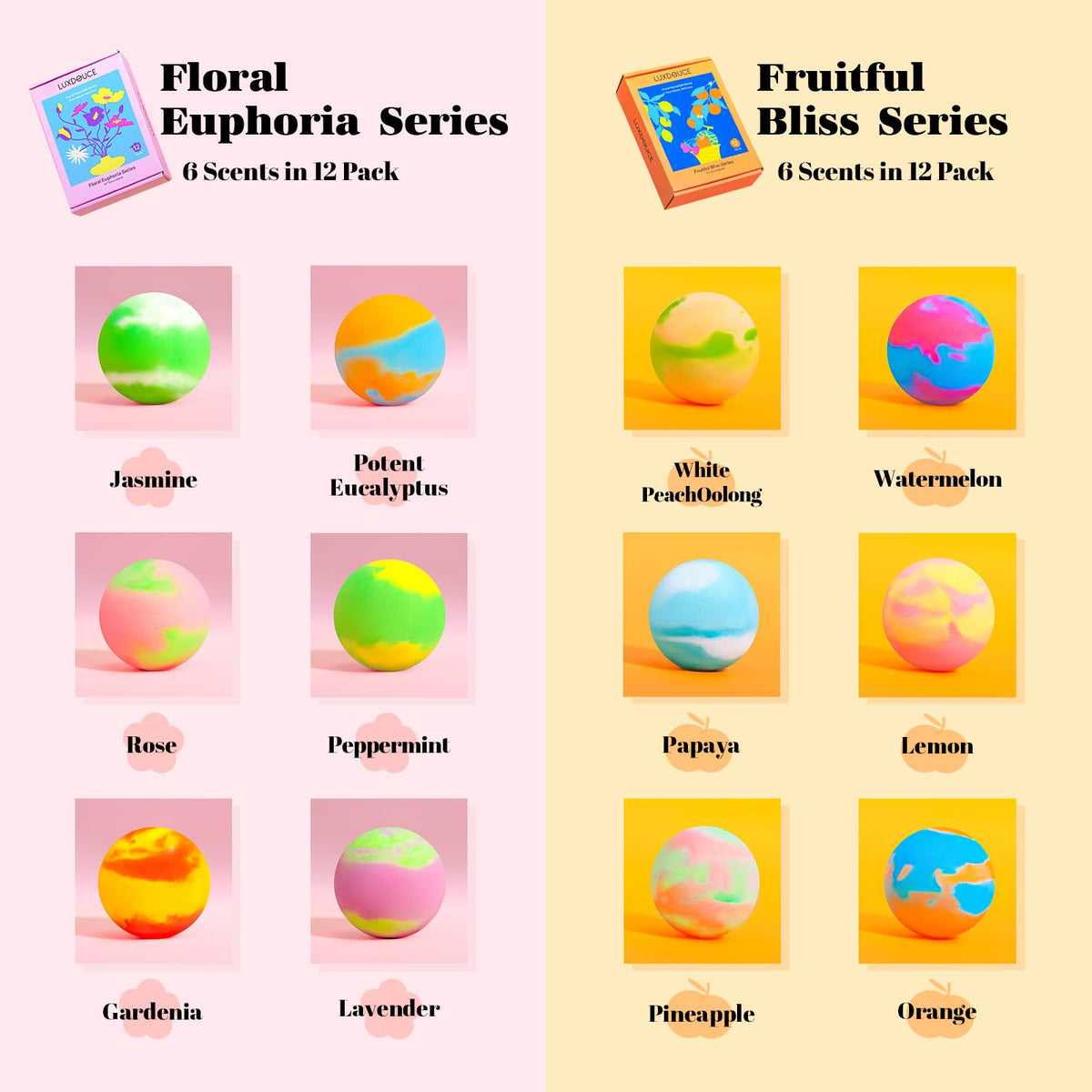 Luxdouce colorful bubbles and vibrant hues enhance the bath experience.
