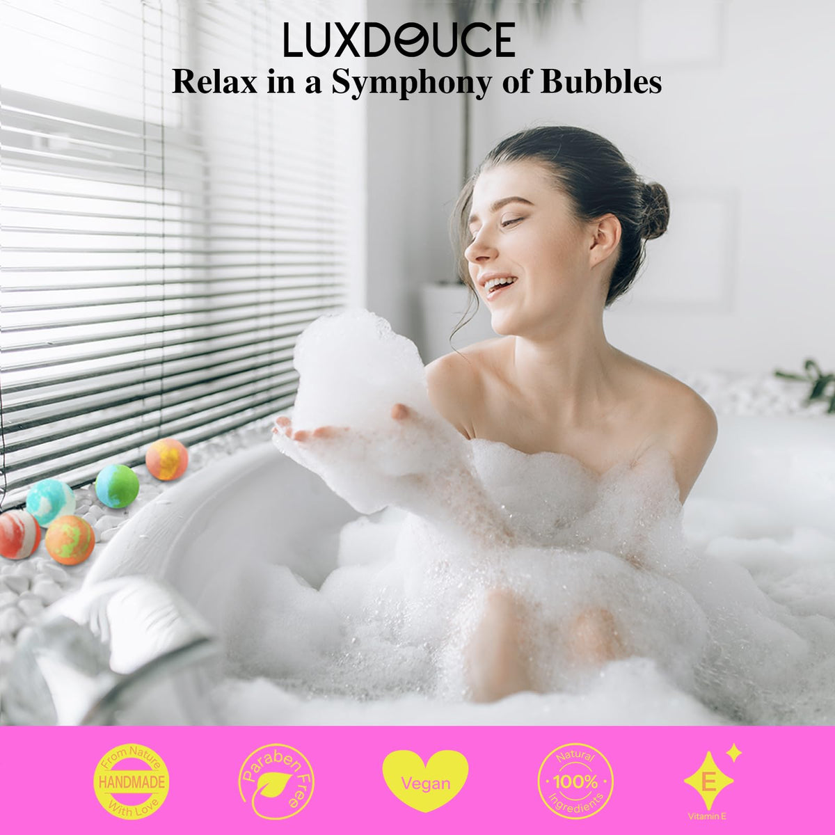 LUXDOUCE skin-nourishing bath bomb supports a soothing routine.