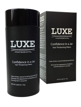 LUXE Hair Building Fibers close-up showing natural coverage for thinning areas