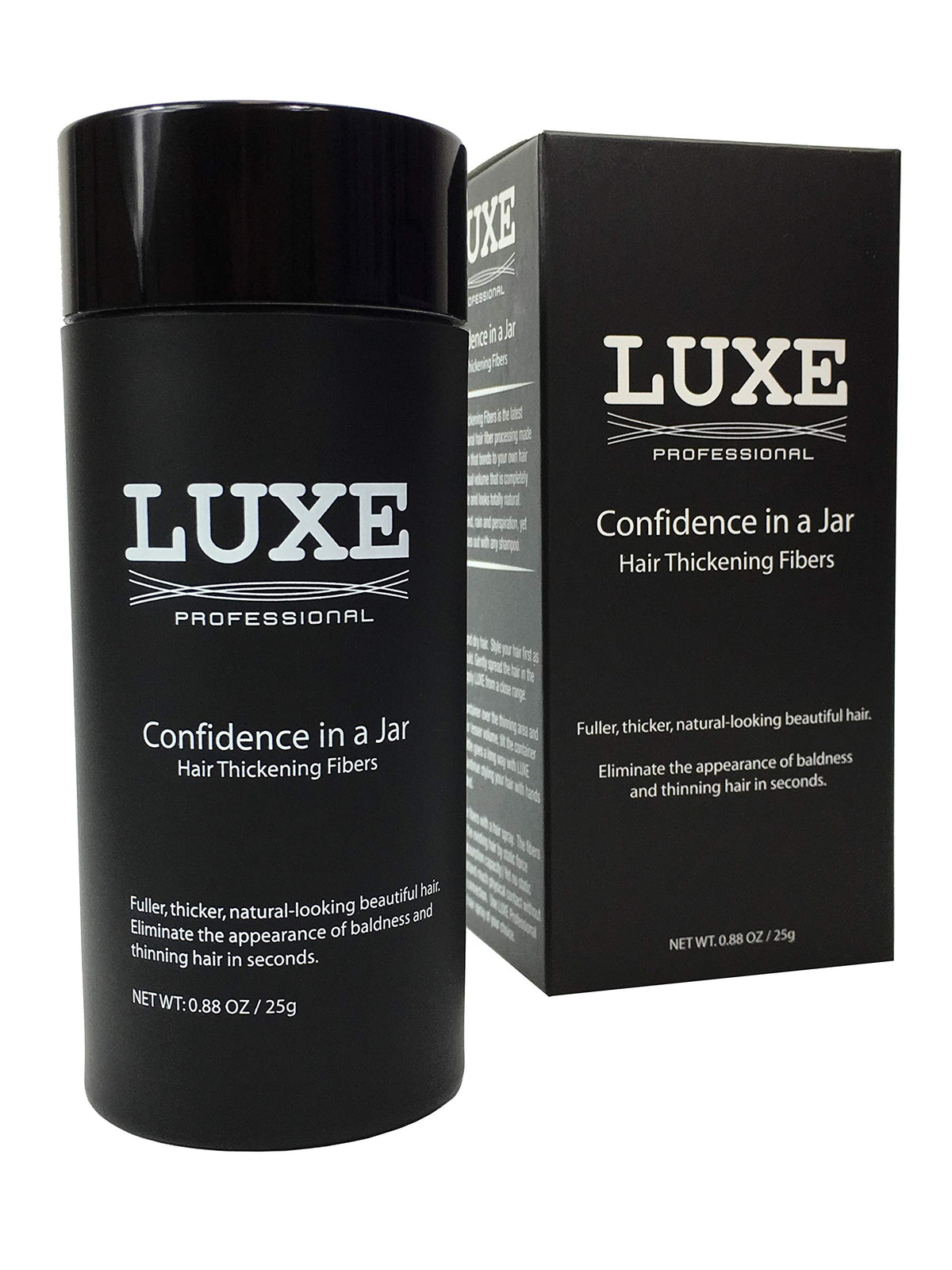 LUXE Hair Building Fibers bottle close-up showing natural coverage.