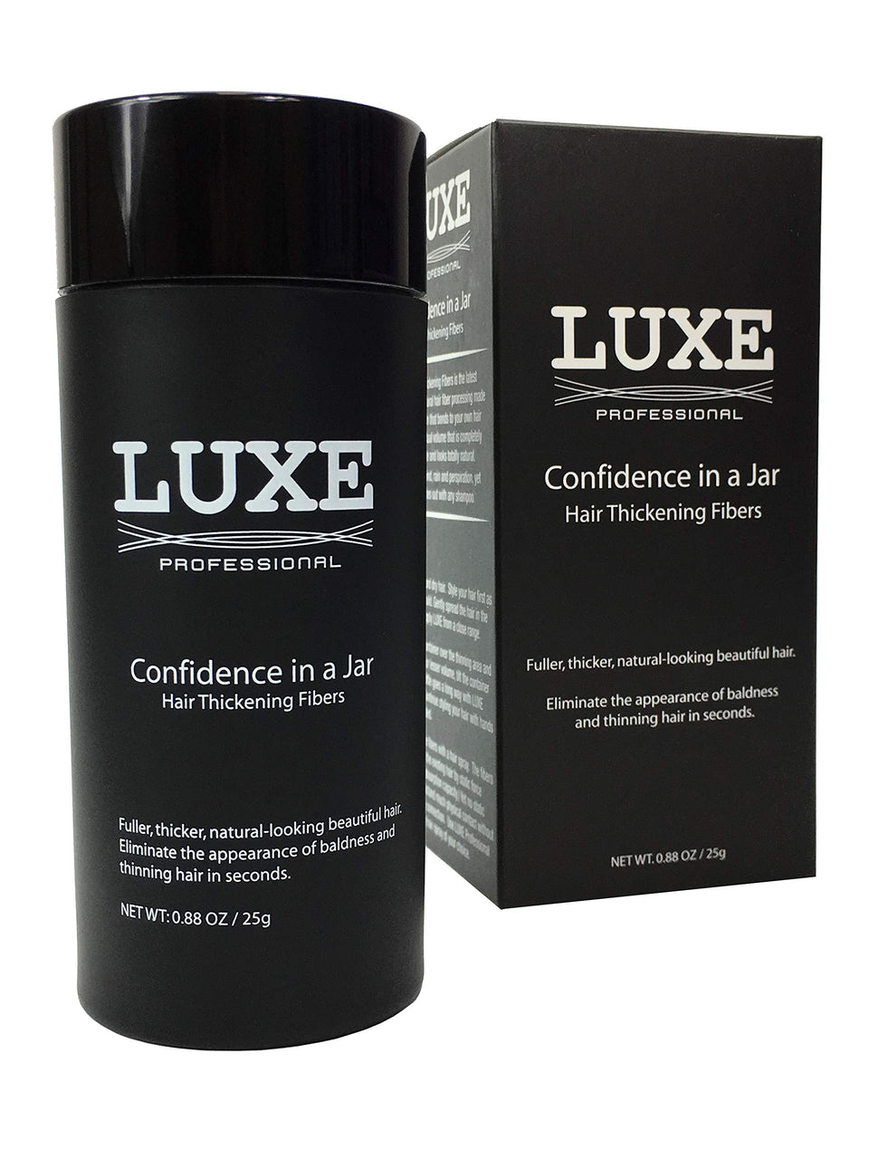 LUXE Hair Building Fibers bottle close-up showing natural coverage.