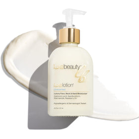 LUXEBEAUTY LuxeLotion bottle pump shows lightweight, non-greasy hydration.