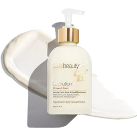 LuxeLotion face-neck-hands bottle shows lightweight hydration for daily use