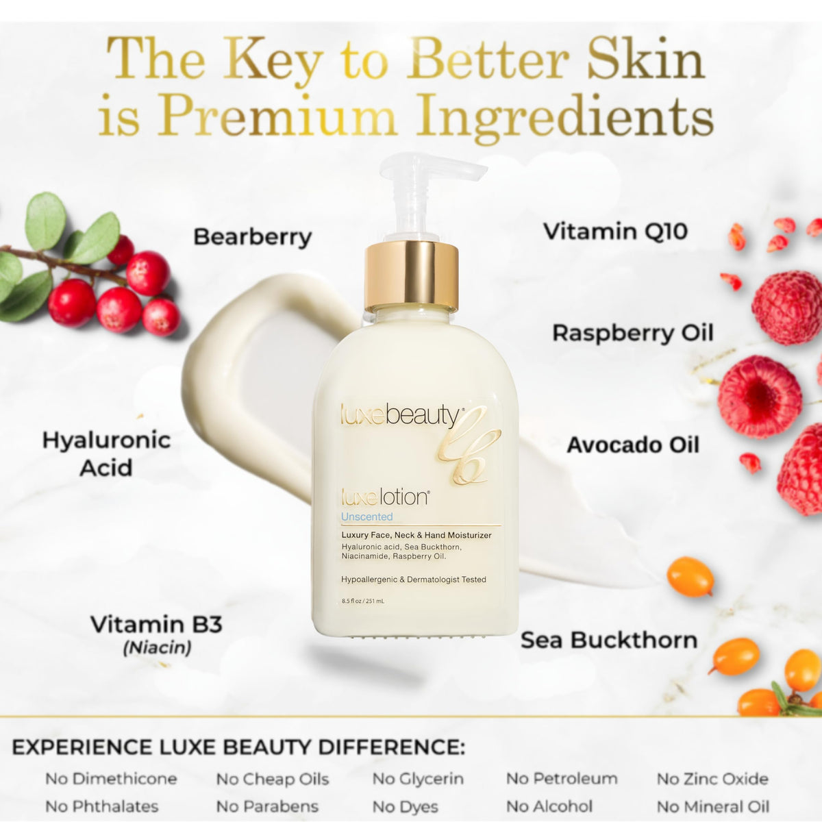 LUXEBEAUTY LuxeLotion silky texture swatch highlights fast absorption.