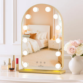 Luxfurni vanity mirror with arc frame and LED lights for precise makeup application.