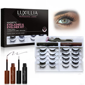Luxillia 13-piece magnetic eyelashes kit close-up with brown and black lashes for effortless daily wear.