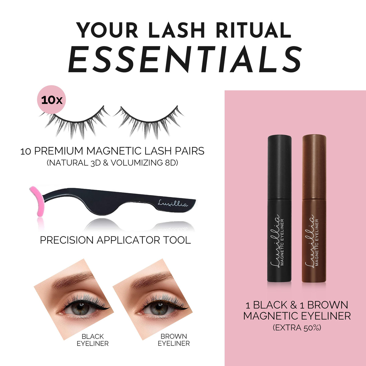 Luxillia reusable magnetic lashes close-up showing natural blend and multiple wears.