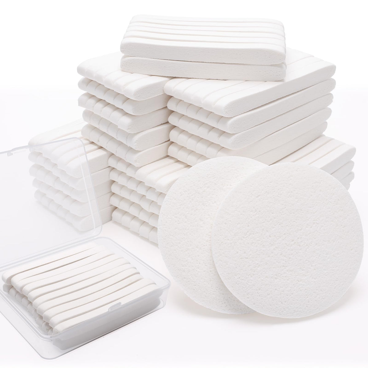 Luxiv 240+1 pack of white compressed facial sponges with travel case.