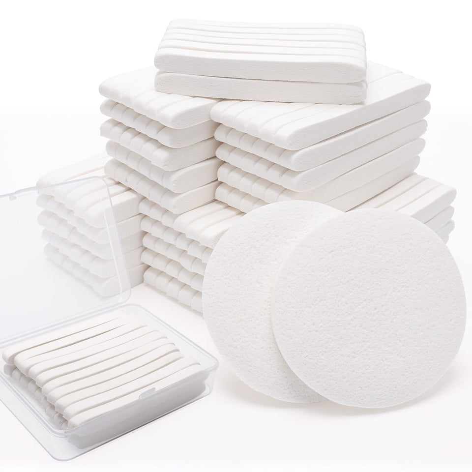 Luxiv 240+1 pack of white compressed facial sponges with travel case.