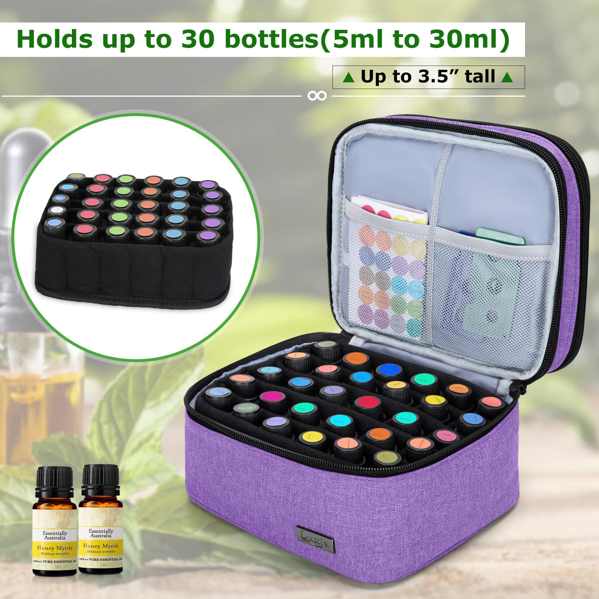 LUXJA double-layer organizer open pockets for accessories and bottles.