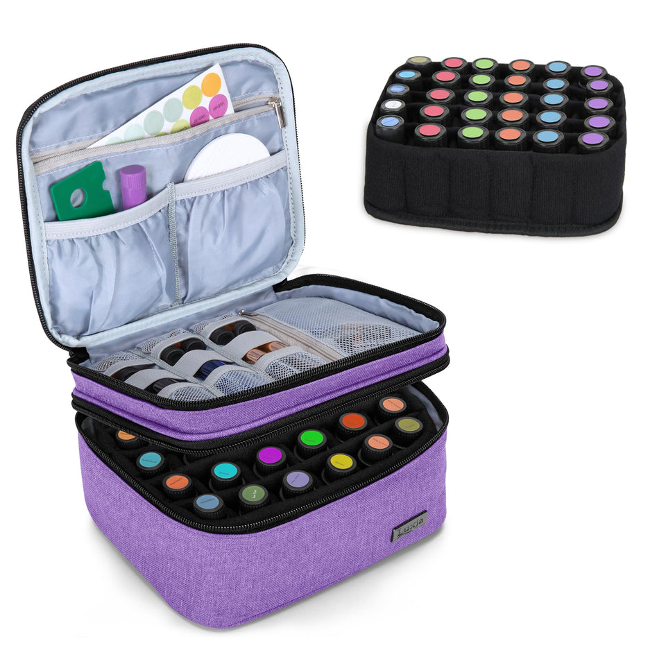 LUXJA essential oil case showing 30-bottle capacity for organized travel.