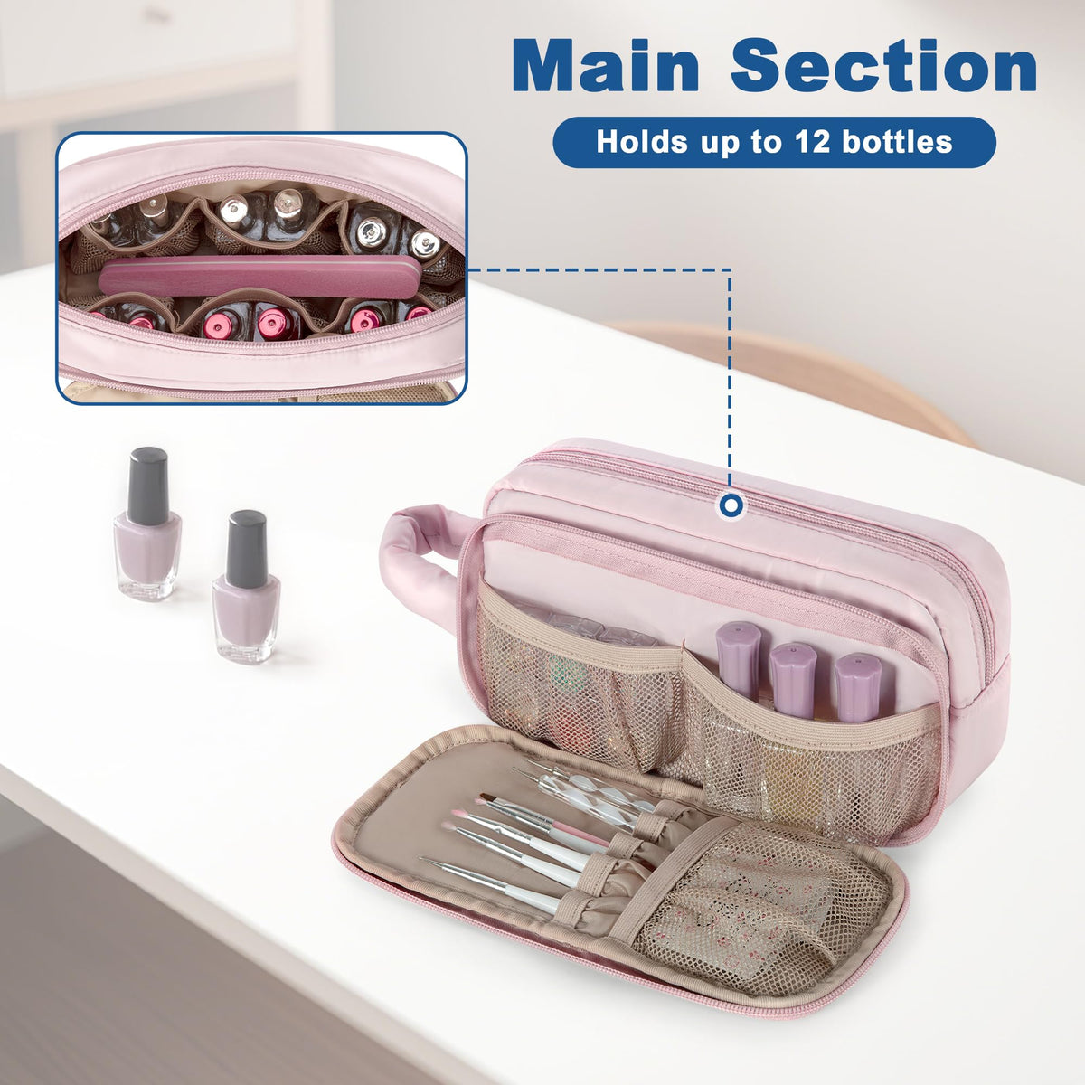 LUXJA organizer front pocket with nail tools and slots in pink.