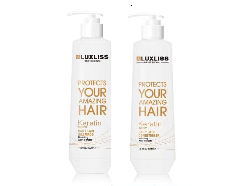 Luxliss keratin daily care shampoo bottle for smooth, manageable hair.