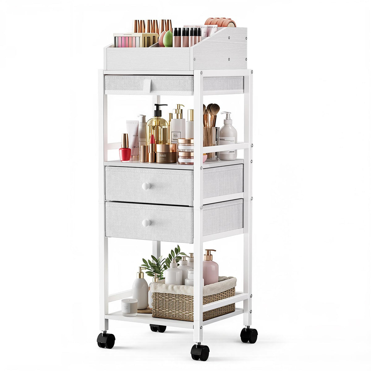 Luxspire Makeup Organizer Cart front view shows a sturdy steel frame for organized cosmetics storage.