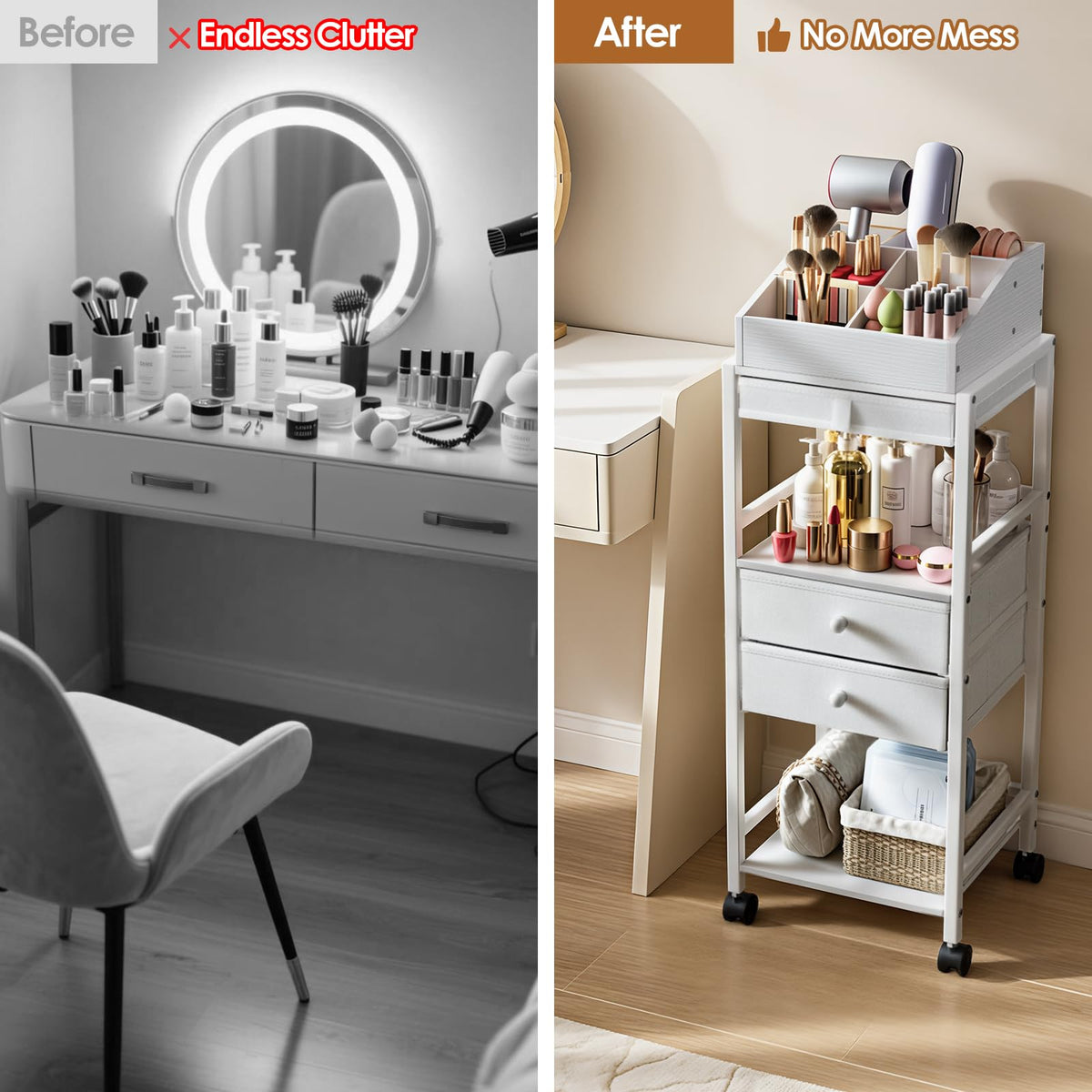 Luxspire cart bottom shelf illustrates space for bags and boxes on the lower level.