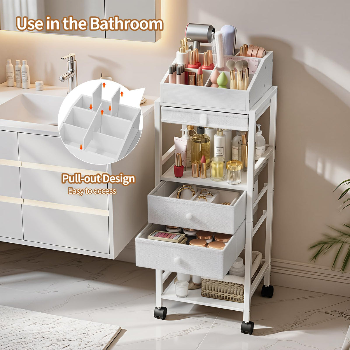 Luxspire Makeup Organizer Cart 360° casters enable easy repositioning in any room.