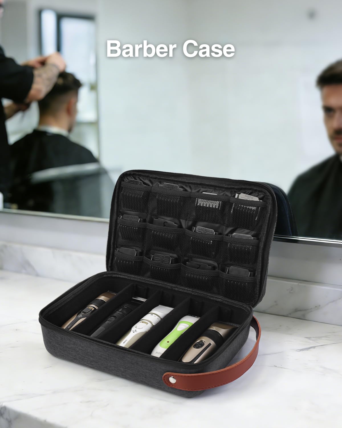 Luxtude barber case side view highlighting the durable leather handle.